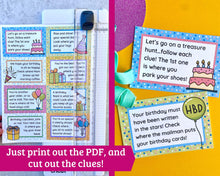 Load image into Gallery viewer, Birthday Treasure Hunt Clues for Kids - 33 Rhyming Clues