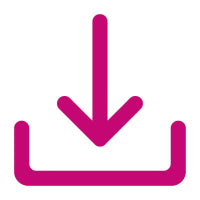 A magenta download icon featuring a downward-pointing arrow above a rectangular tray, centered on a plain white background.