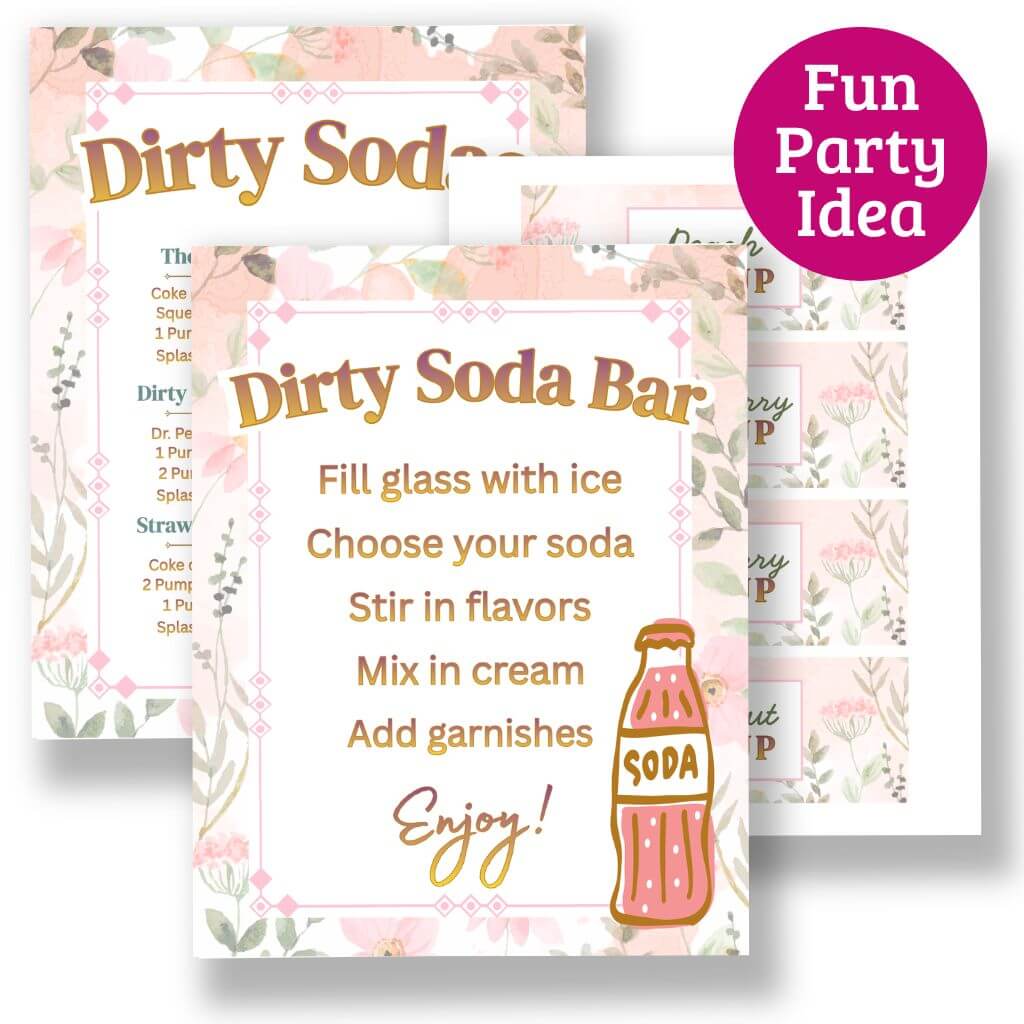 Two 'Dirty Soda Bar' signs with floral designs and text instructions on a white background.