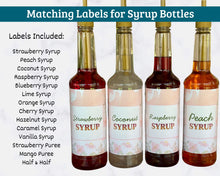 Load image into Gallery viewer, Four syrup bottles with matching labels on a white background