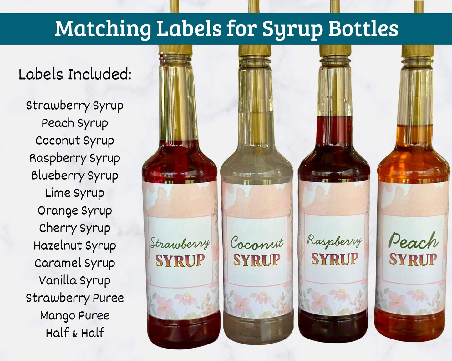 Four syrup bottles with matching labels on a white background