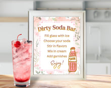 Load image into Gallery viewer, Decorative sign for a 'Dirty Soda Bar' with a pink drink and cherry on a wooden surface.