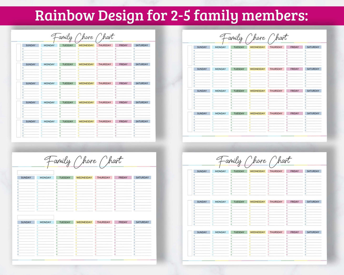 Family Chore Charts - 12 Different Fillable Charts - PDF Download