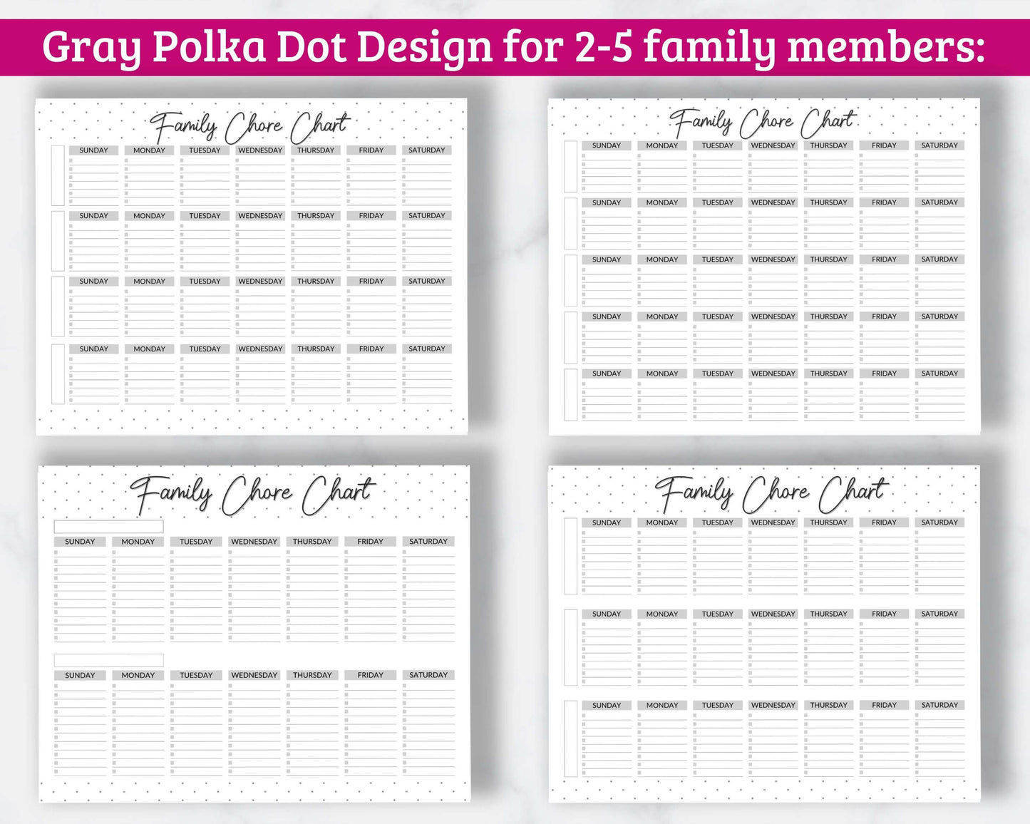 Family Chore Charts - 12 Different Fillable Charts - PDF Download