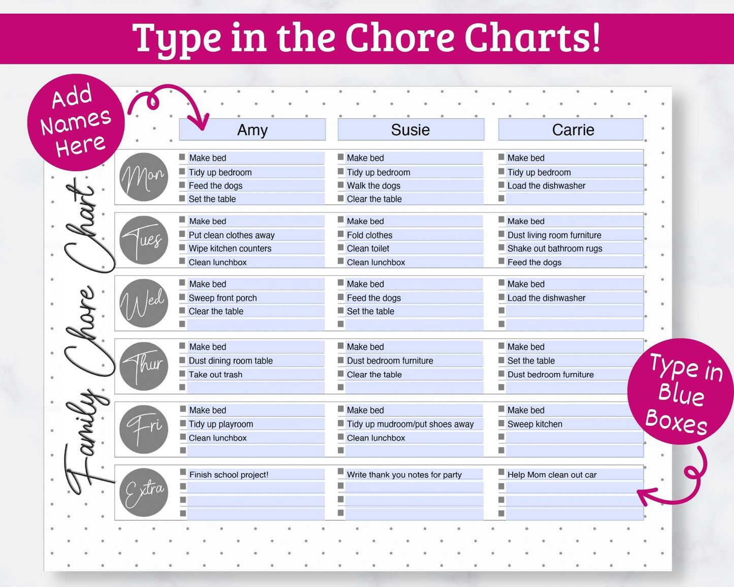 Family Chore Charts - 12 Different Fillable Charts - PDF Download