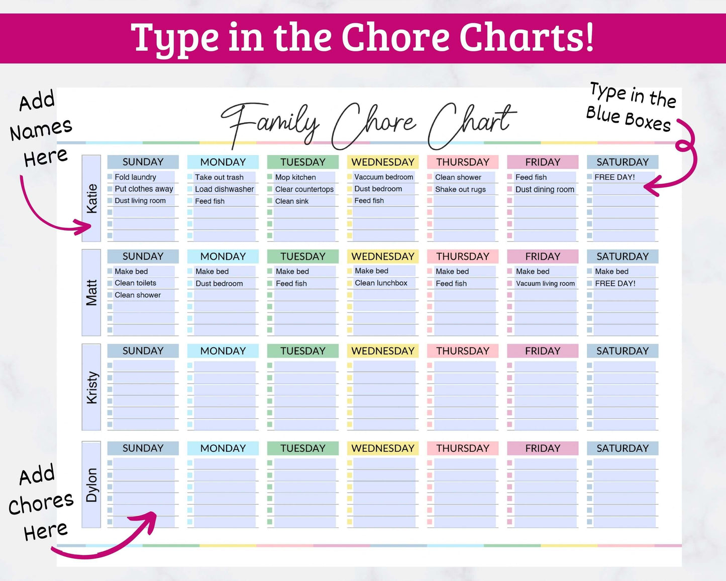Family Chore Charts - 12 Different Fillable Charts - PDF Download