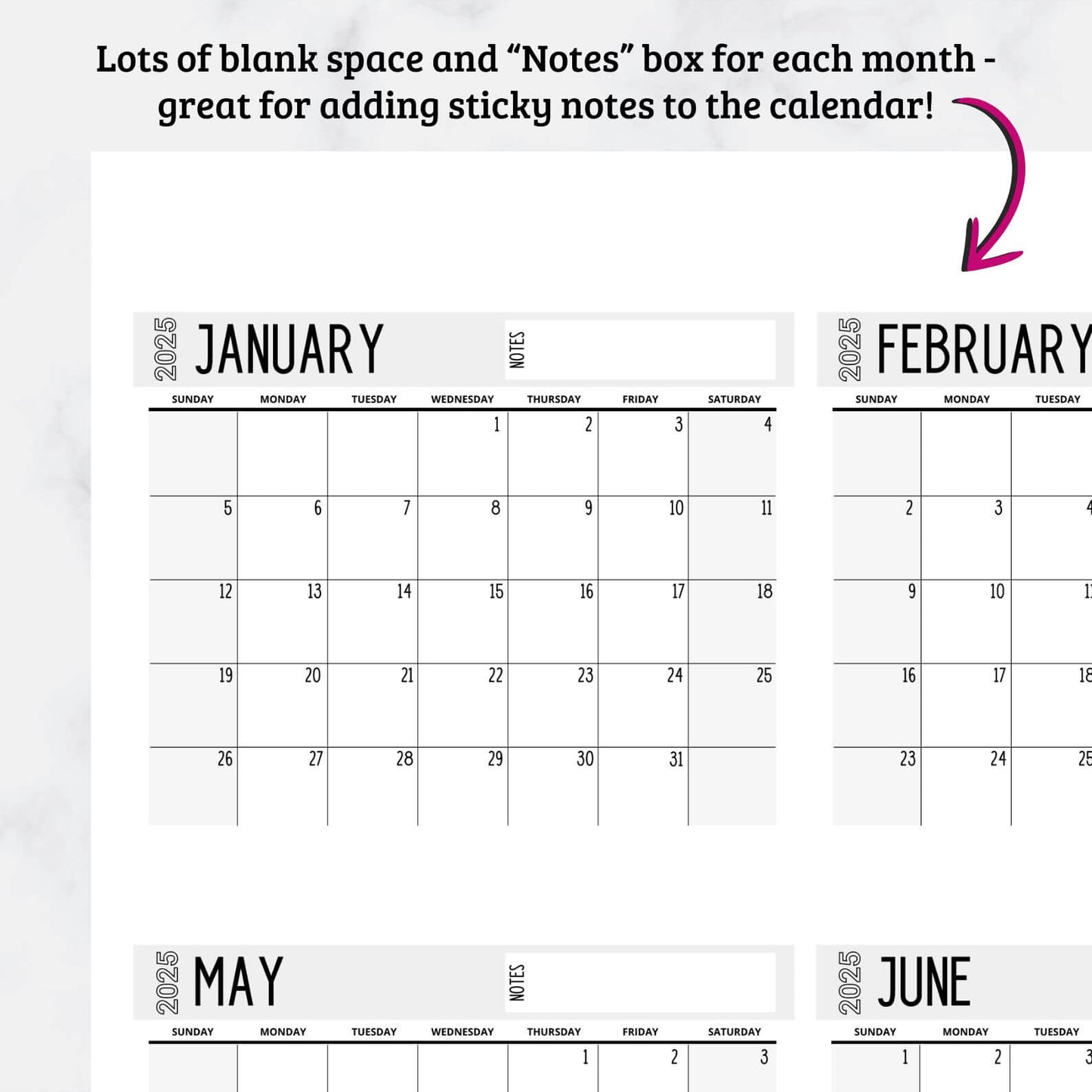 2026 Giant Printable Wall Calendar - 36" x 48" PDF