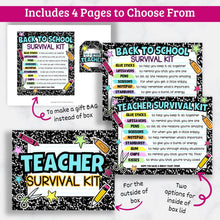 Load image into Gallery viewer, Teacher Survival Kit Printable Gift Signs