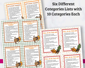 Thanksgiving Scattergories Printable Cards - Fun Game!