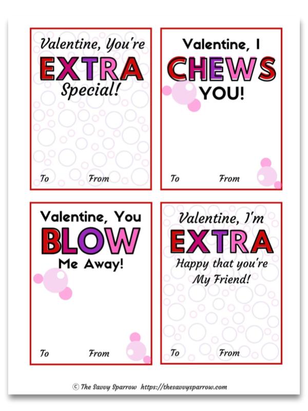 Printable Bubble Gum Valentines Cards
