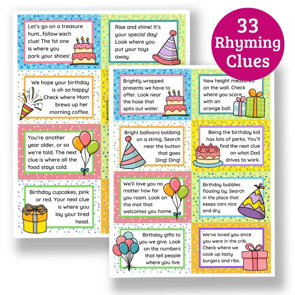 Birthday Treasure Hunt Clues for Kids - 33 Rhyming Clues