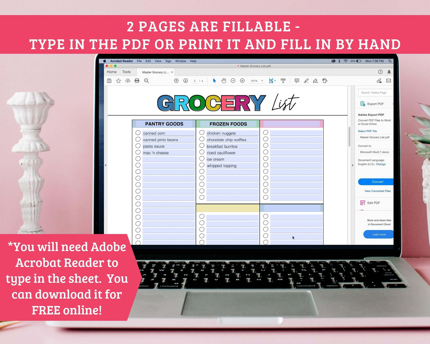 Editable Master Grocery List - 4 Page PDF Download