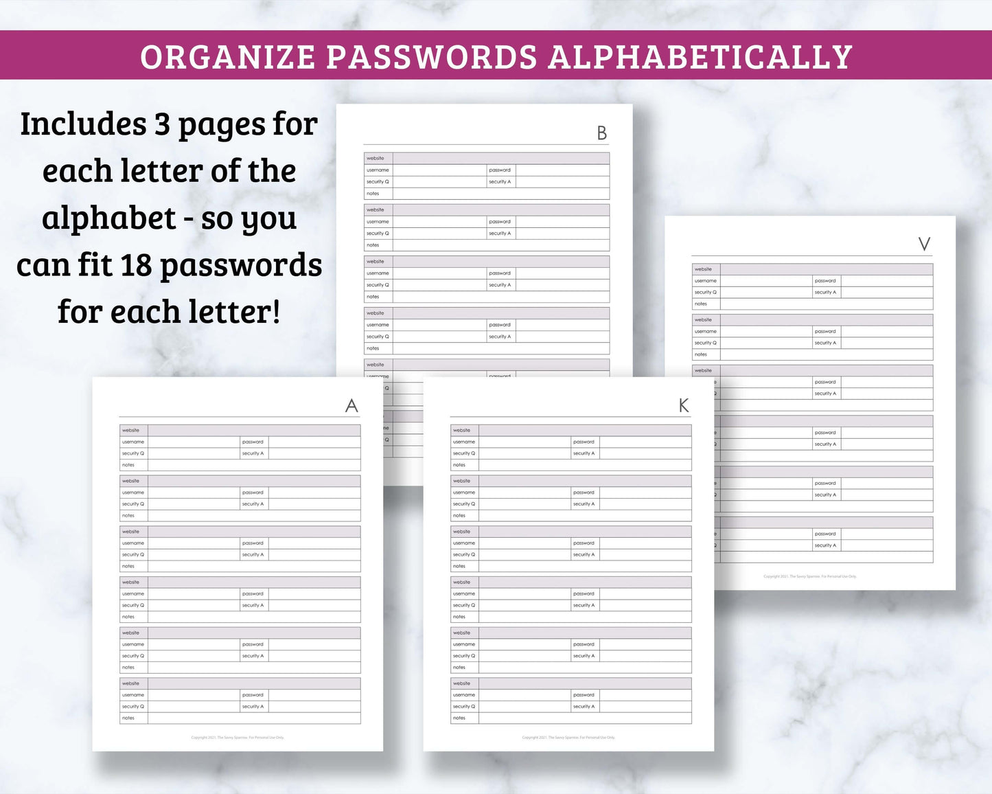Password Tracker - 87 page Fillable PDF - Organize passwords alphabetically!