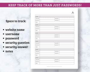 Password Tracker - 87 page Fillable PDF - Organize passwords alphabetically!