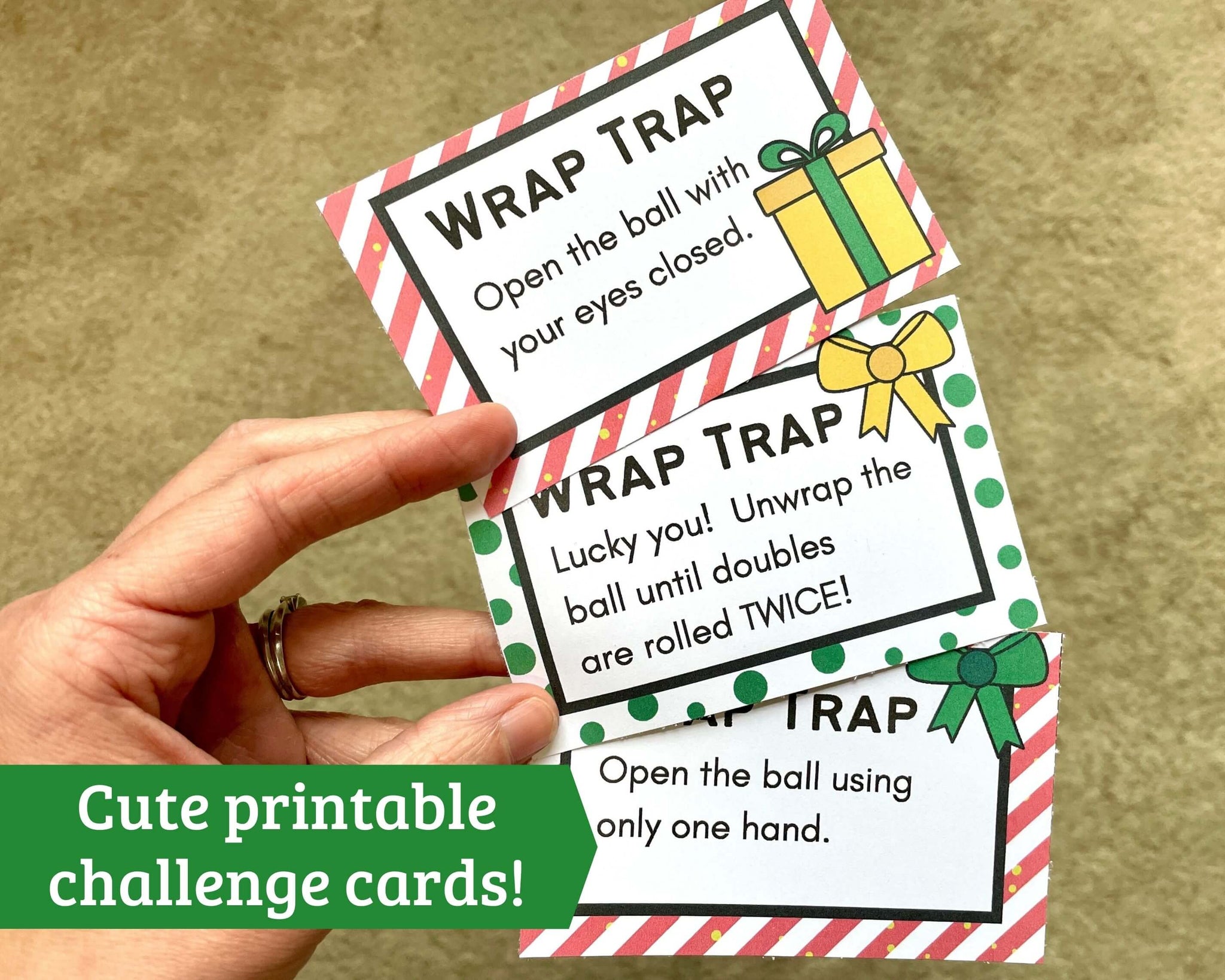 saran wrap ball game challenge cards printable plastic wrap ball game challenge cards - fun christmas game!